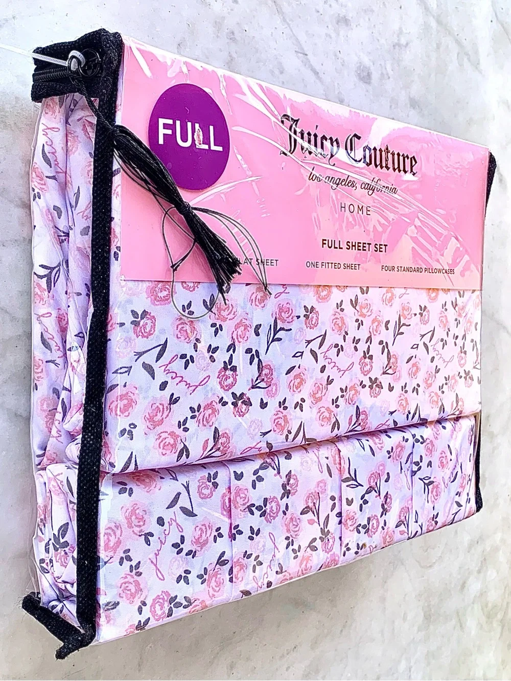 JUICY COUTURE Pink Floral Sheet Set FULL Coordinating 4 STANDARD Pillowcases NEW